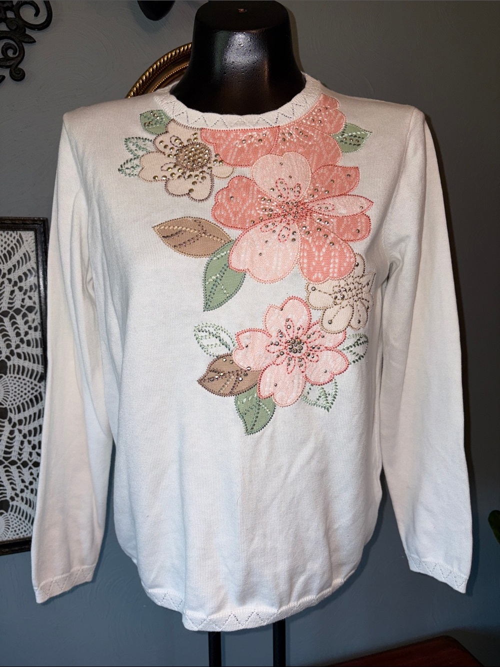 Alfred Dunner White Long-Sleeve Top with Pink Floral Appliqué